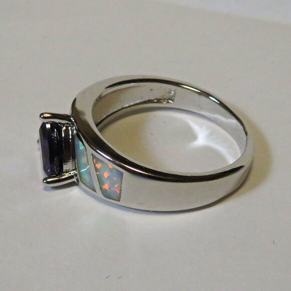 Silver Ring Size 7 White Lab Fire Opal Inlay 6mm * 6mm Amethyst New Old Stock - Picture 4 of 10